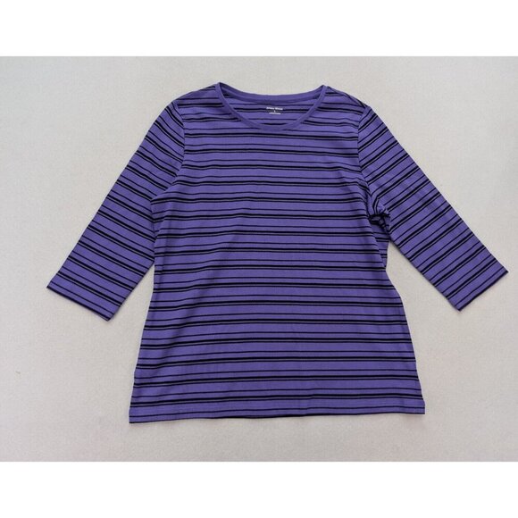 Studio Works Women's T-shirt Top Size L Purple Black Striped 3/4 Sleeve - Picture 1 of 10